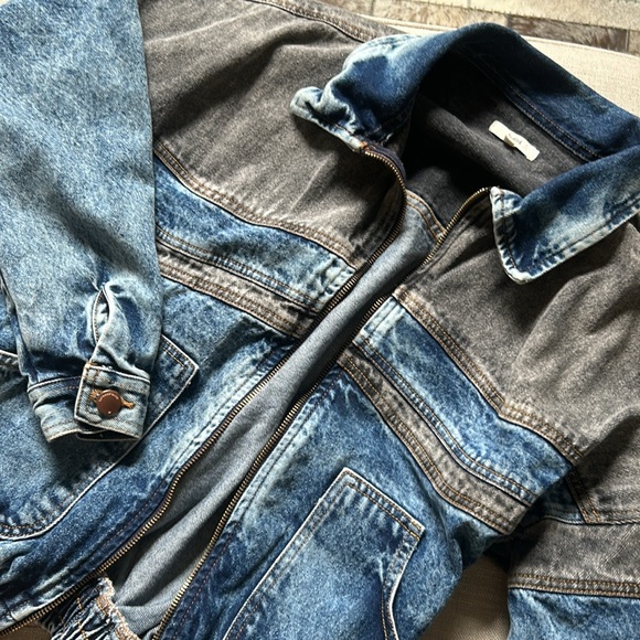 Topmark Two Toned Black Blue Denim Bomber Jacket Size Medium - Picture 3 of 8